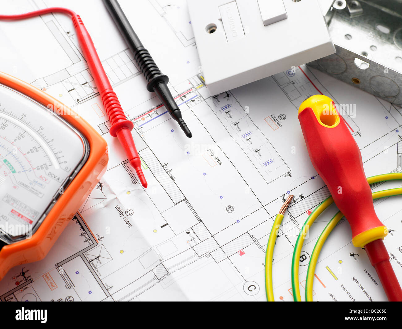 Electrical Equipment On House Plans Stock Photo