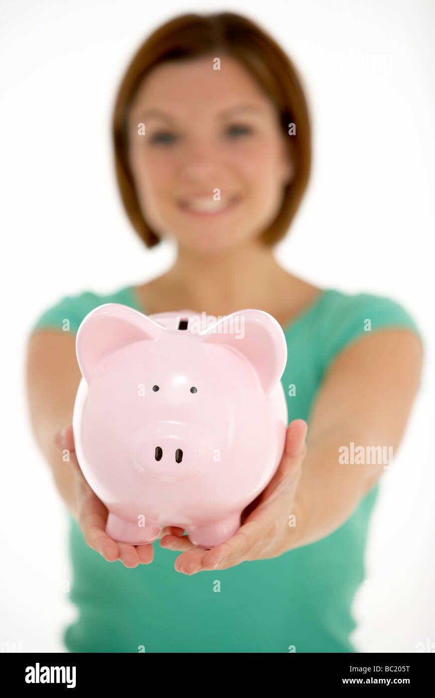 Woman Holding Piggy Bank Stock Photo