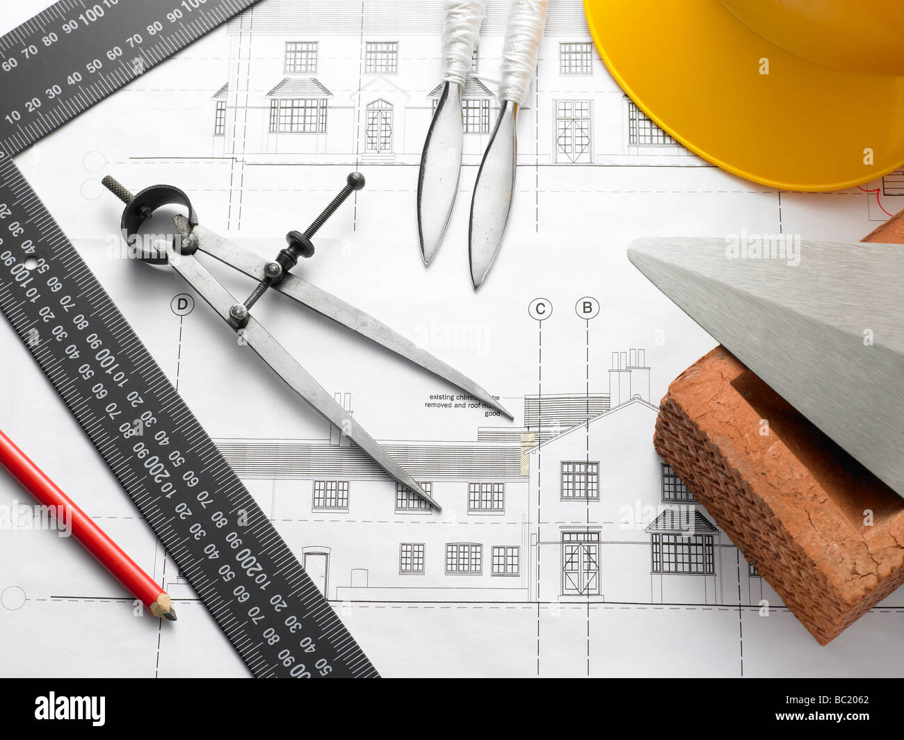 Building Equipment On House Plans Stock Photo