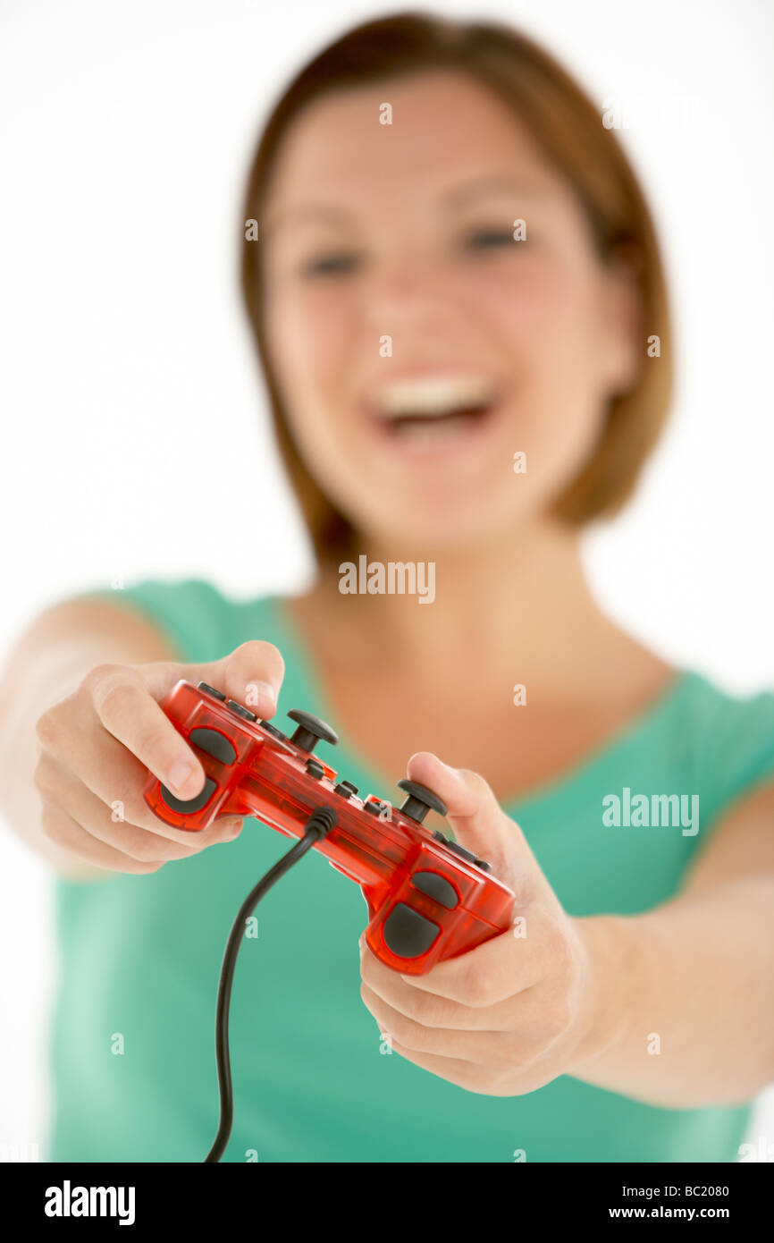 Woman Holding Video Game Controller Stock Photo Alamy
