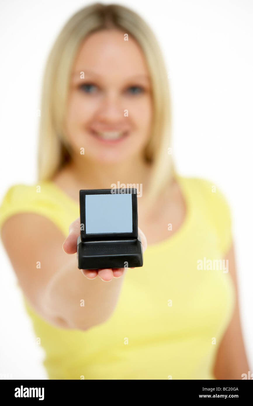 Woman Holding Model Computer Stock Photo
