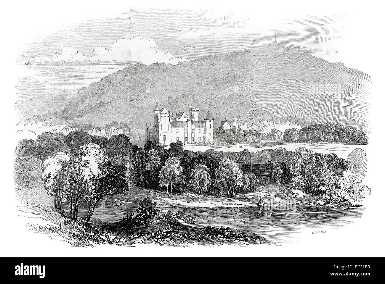 balmoral castle from the road on the north side of the dee sketched by