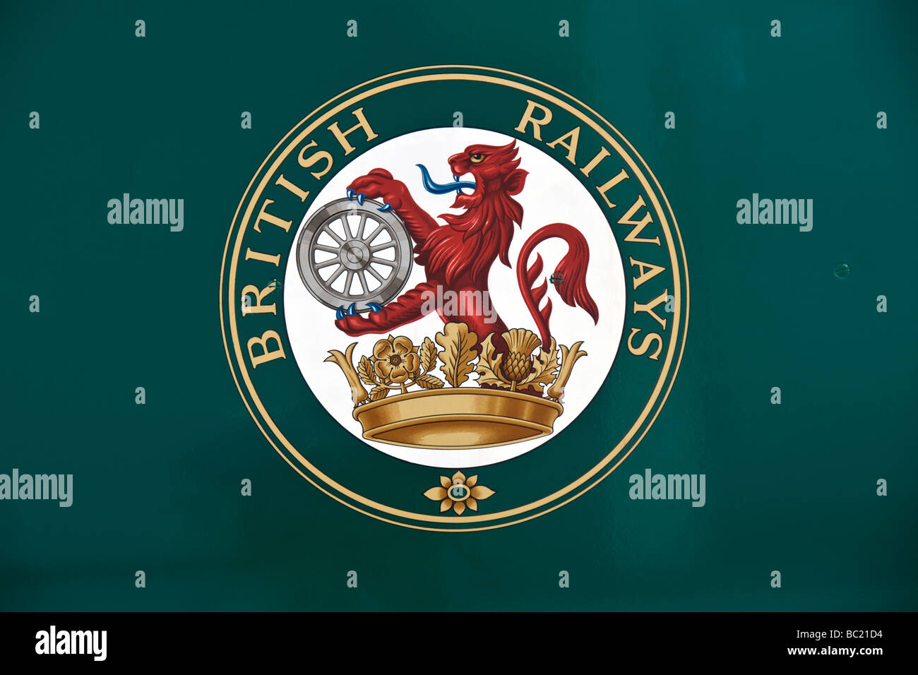 emblem of British Railways photographed on the side of a railway carriage at Shildon, Locomotion Museum. Stock Photo
