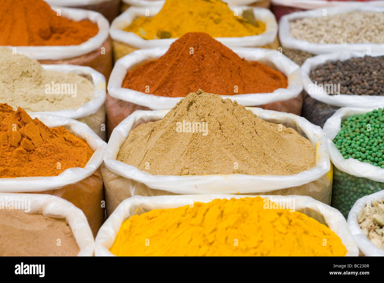 Indian spices on sale in the local market. Goa (Palolem beach), India. Stock Photo
