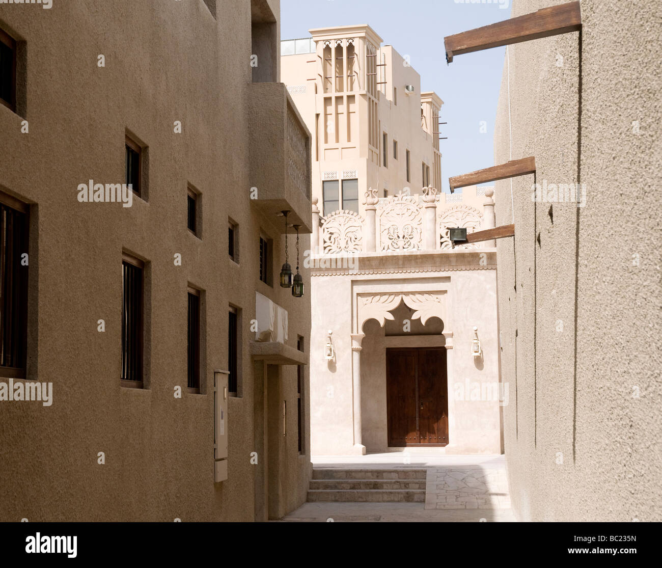 A spotless corner of Bastakia, the neighborhood of Bur Dubai with gracefully restored traditional architectecture Stock Photo