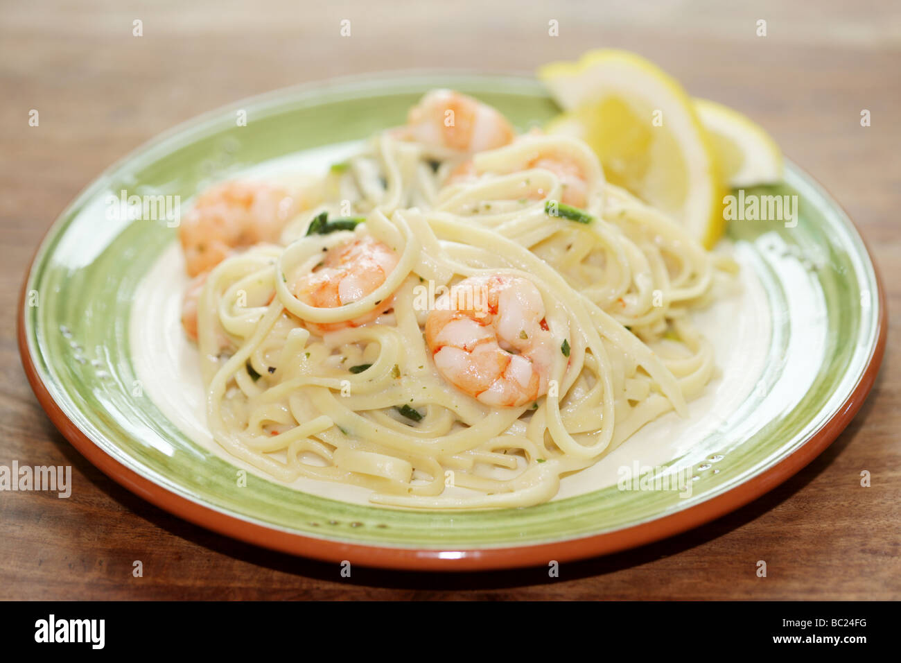 Fresh Tasty Italian Style Prawn Seafood Linguine Pasta With A Creamy Carbonara Sauce With No People Stock Photo