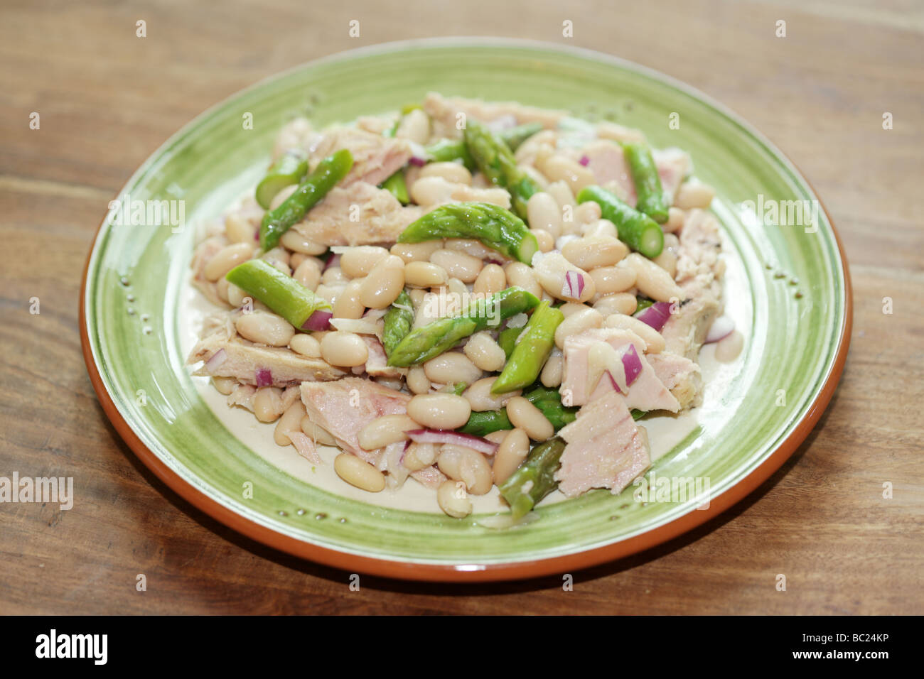 Fresh Healthy Tuna Fish and Asparagus Salad With Cannelloni Beans And No People Stock Photo