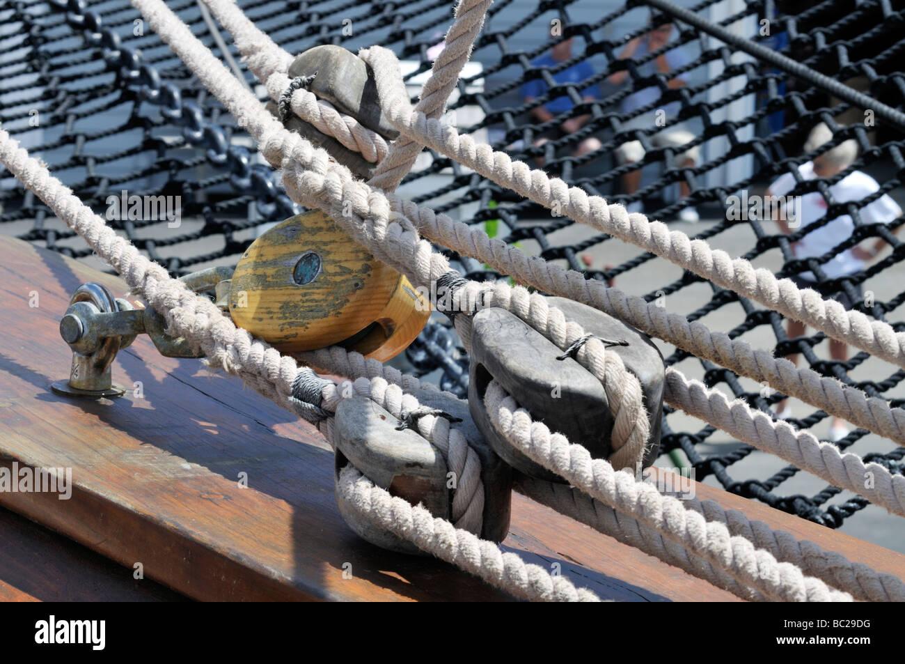 Sailing ships block and tackle pulleys with spliced lines Stock Photo