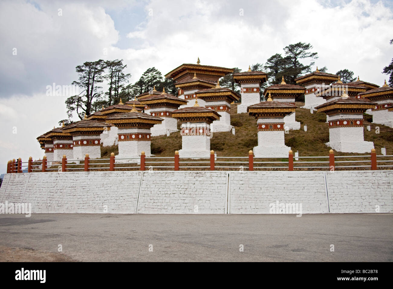 108 Chorten at the Dochu la Pass from Thimphu to Punakha. Bhutan Asia. Horizontal view.91477 Bhutan-Dochula Stock Photo
