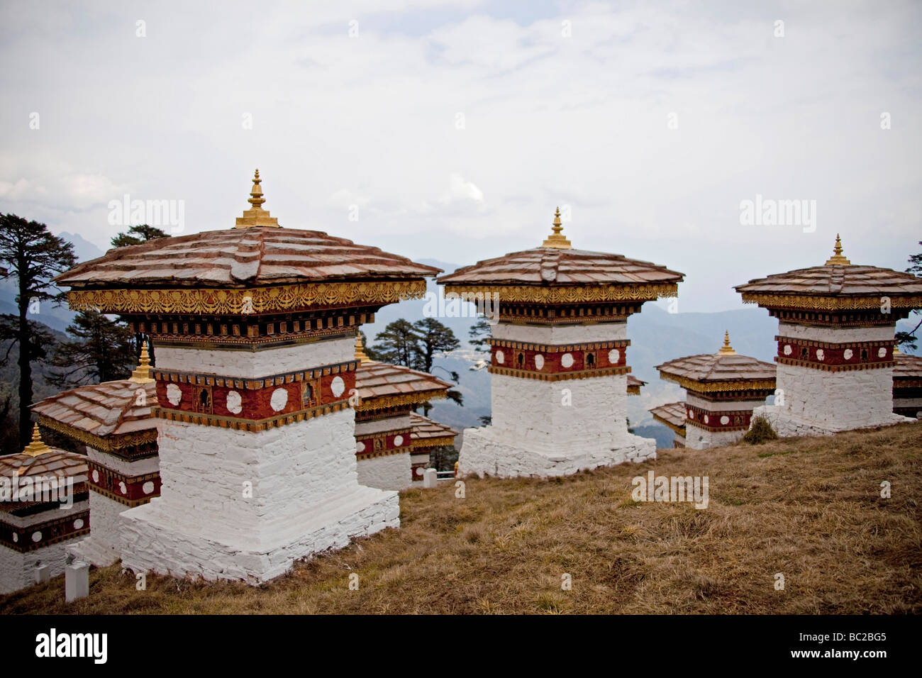 108 Chorten at the Dochu la Pass from Thimphu to Punakha. Bhutan Asia. Horizontal view. 91488 Bhutan-Dochula Stock Photo