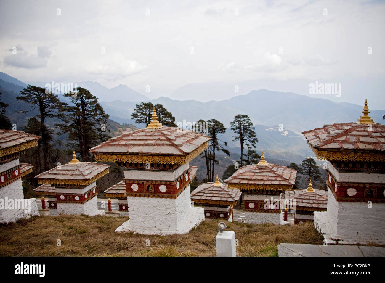 108 Chorten at the Dochu la Pass from Thimphu to Punakha. Bhutan Asia. Horizontal view. 91491 Bhutan-Dochula Stock Photo