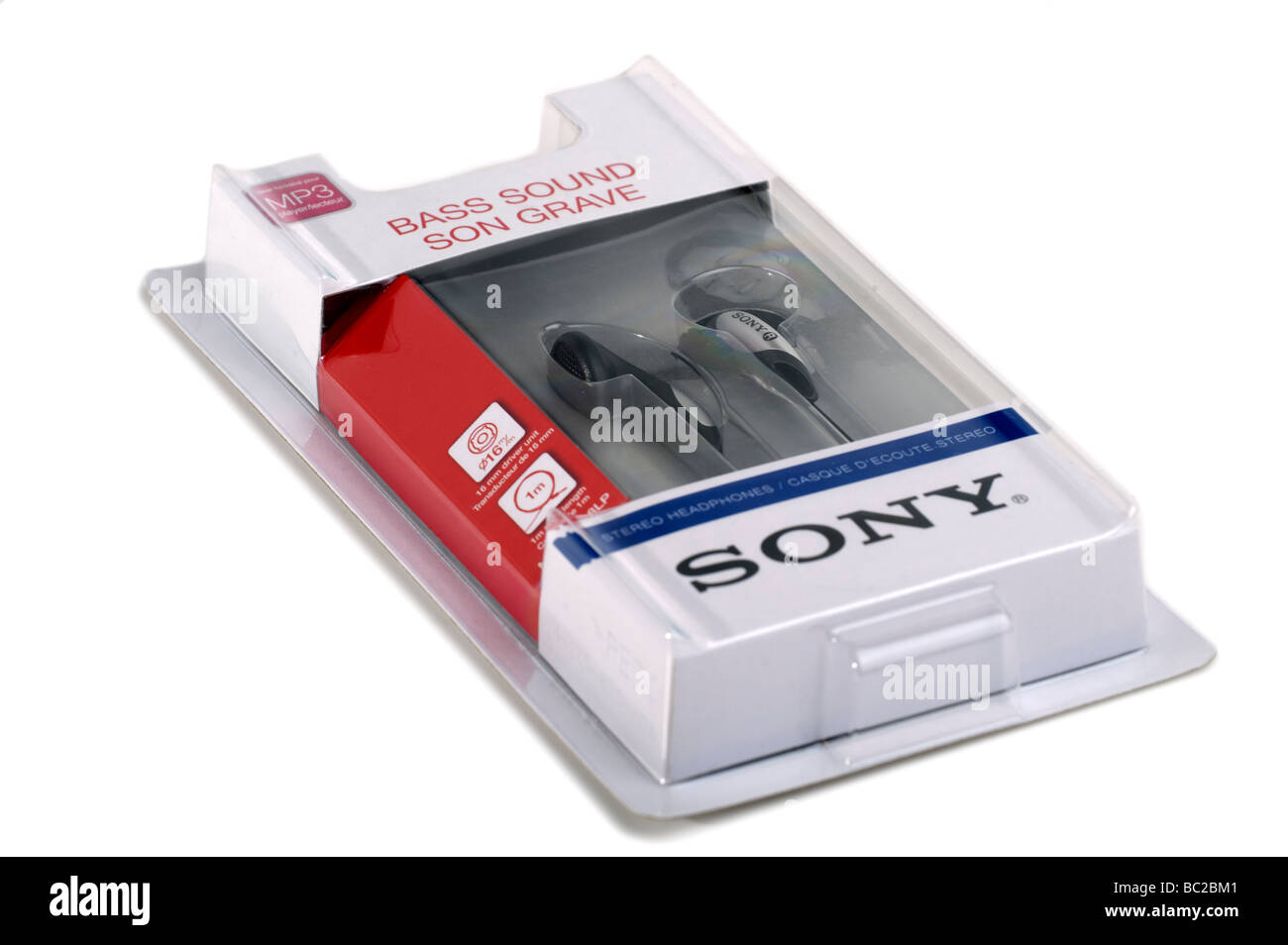 Cellophane pack of Sony earphones Stock Photo