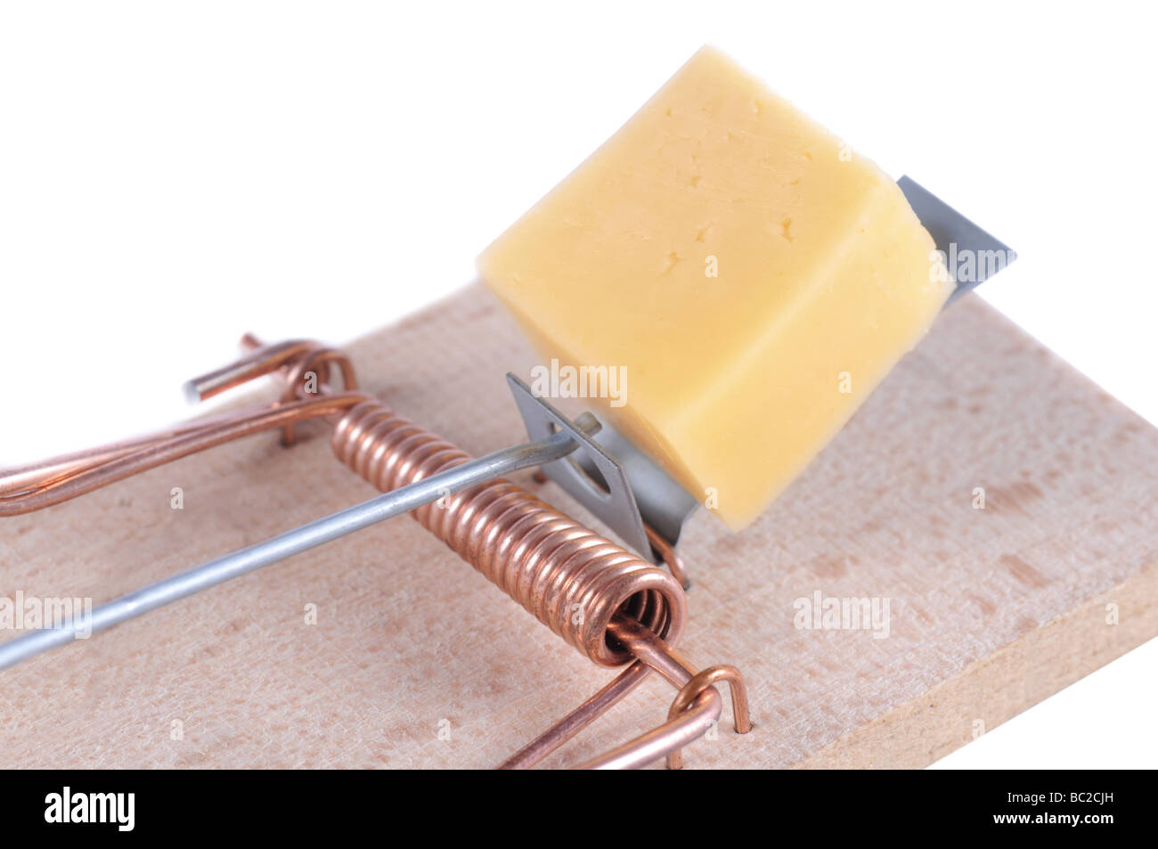 Mousetrap with a piece of cheese on white background. Stock Photo