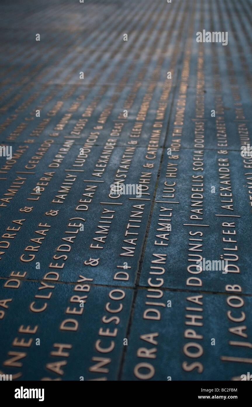 Engraved names of migrants to Victoria in Tribute Garden, Immigration Museum, Melbourne, Victoria, Australia Stock Photo