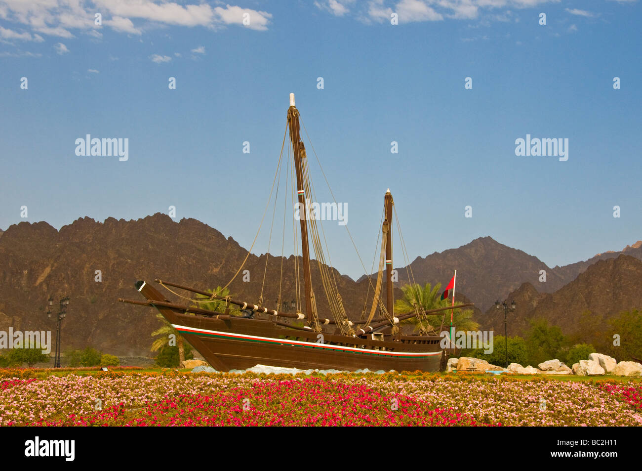 Famous Sohar Boat  that belonged to an Omani seafarer Ahmed bin Majid at The Al Bustan Roundabout Muscat Oman Stock Photo