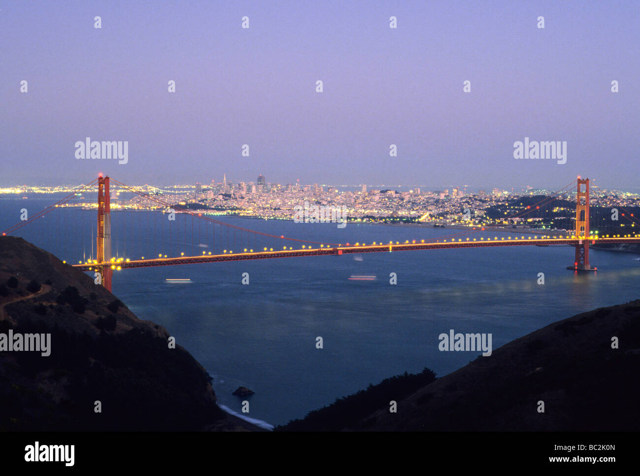 San Francisco California Golden Gate Bridge City Skyline Dusk Light 