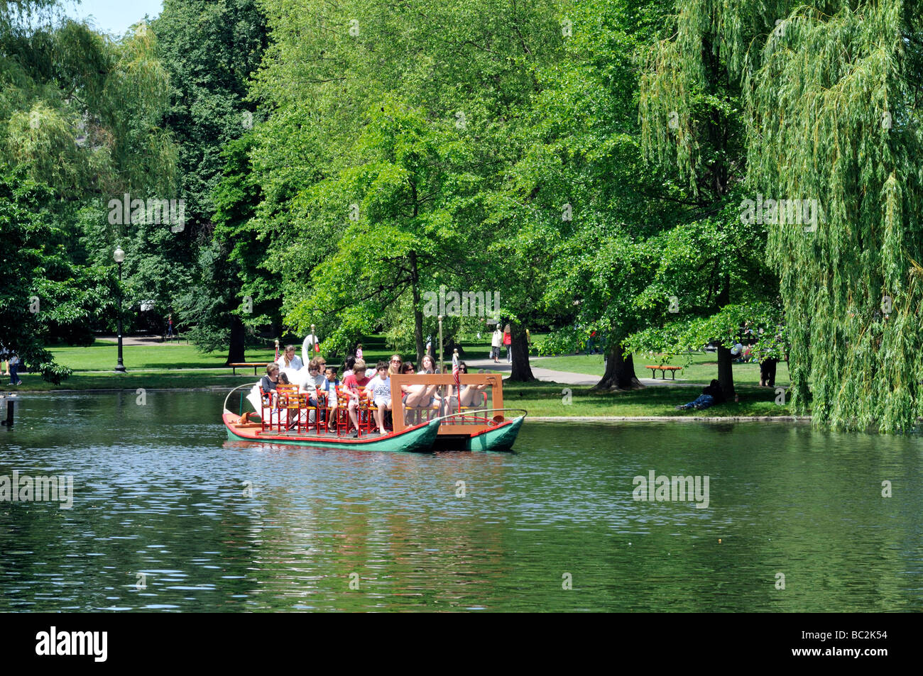 Swan boat in Boston Public Gardens located adjacent to the Boston Common, Boston, MA USA Stock Photo