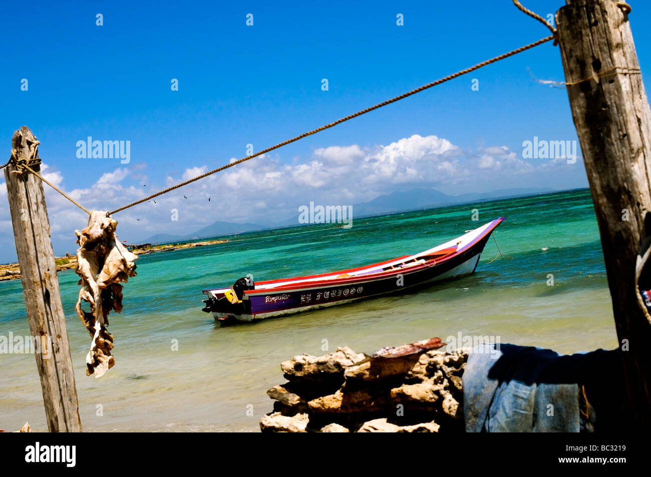 Fishing boat anchored off the shore of Cubagua Island, Venezuela. Stock Photo