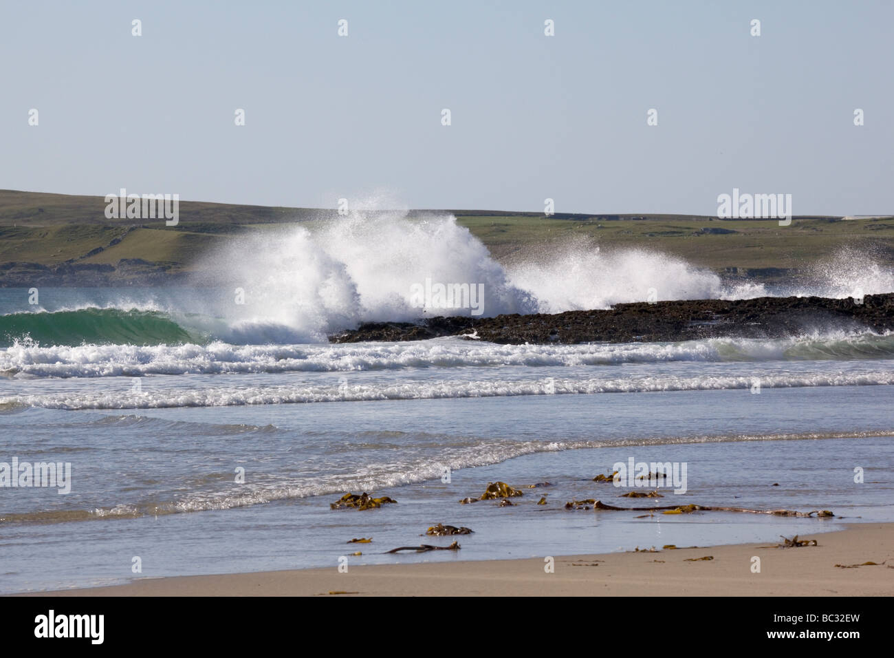 Waves crashing against rocks in stormy seas, Machir Bay, Islay, Scotland Stock Photo