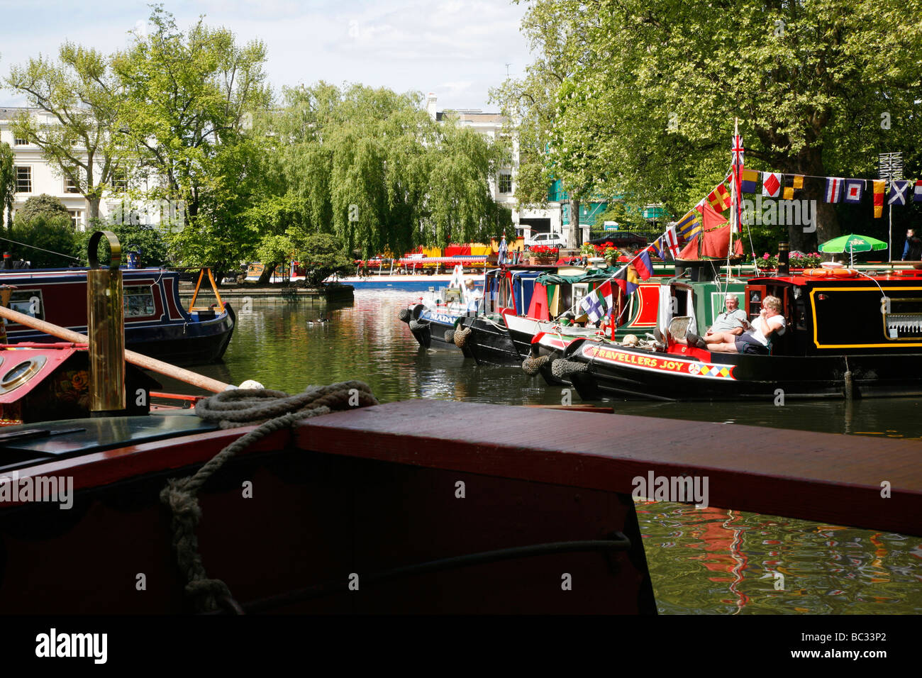Canal boats moored in Little Venice during Canalway Cavalcade, Maida Vale, London, UK Stock Photo