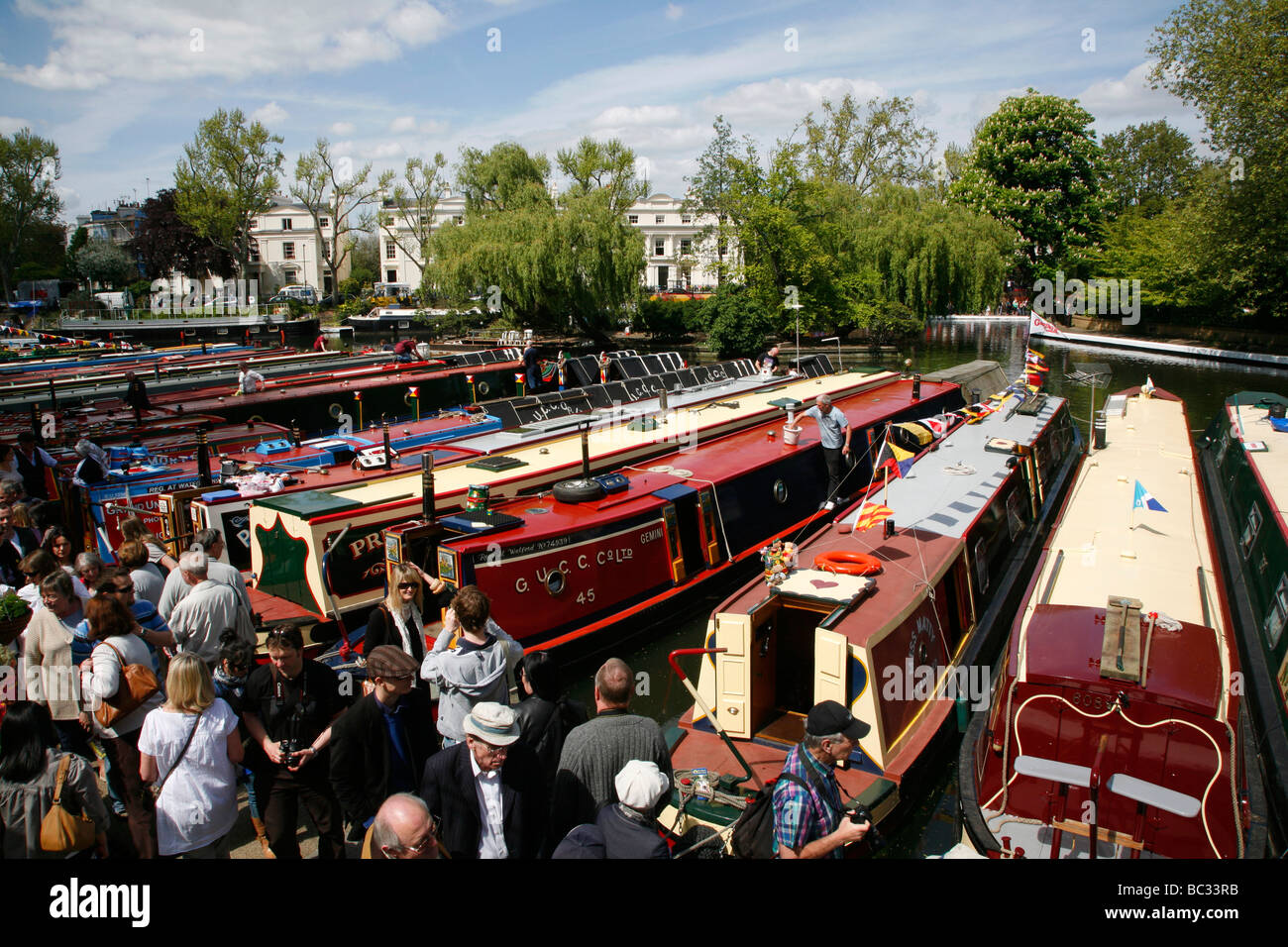 Canal boats moored in Little Venice during Canalway Cavalcade, Maida Vale, London, UK Stock Photo