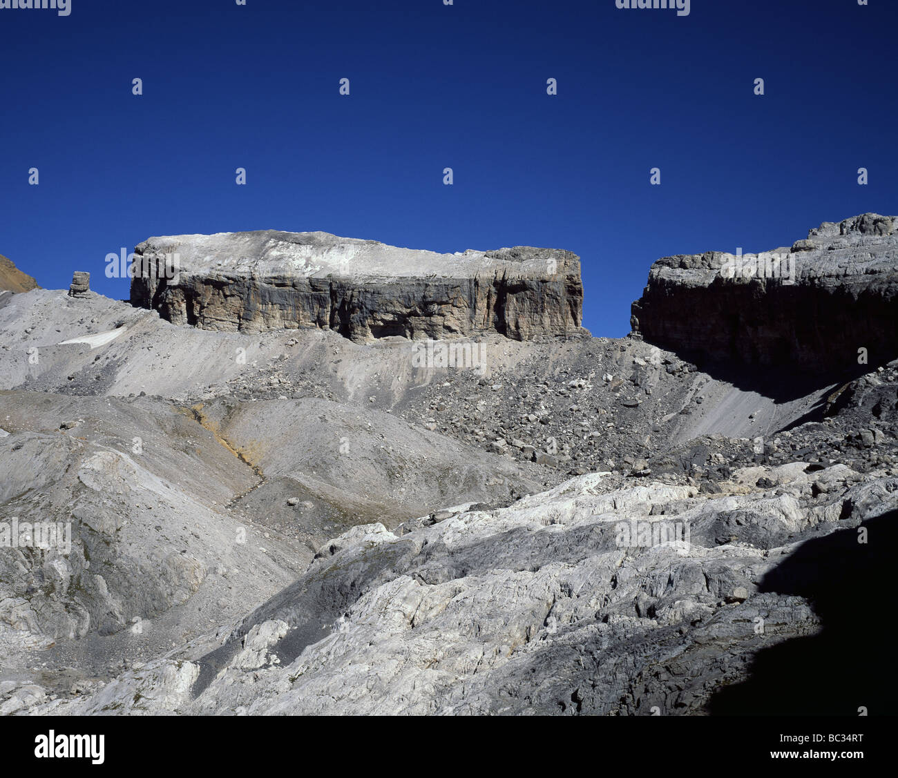 Roland's Breach, Brecha de Roldan or Bréche de Roland, on the border between France and Spain, seen from spanish side, Pyrenees. Stock Photo