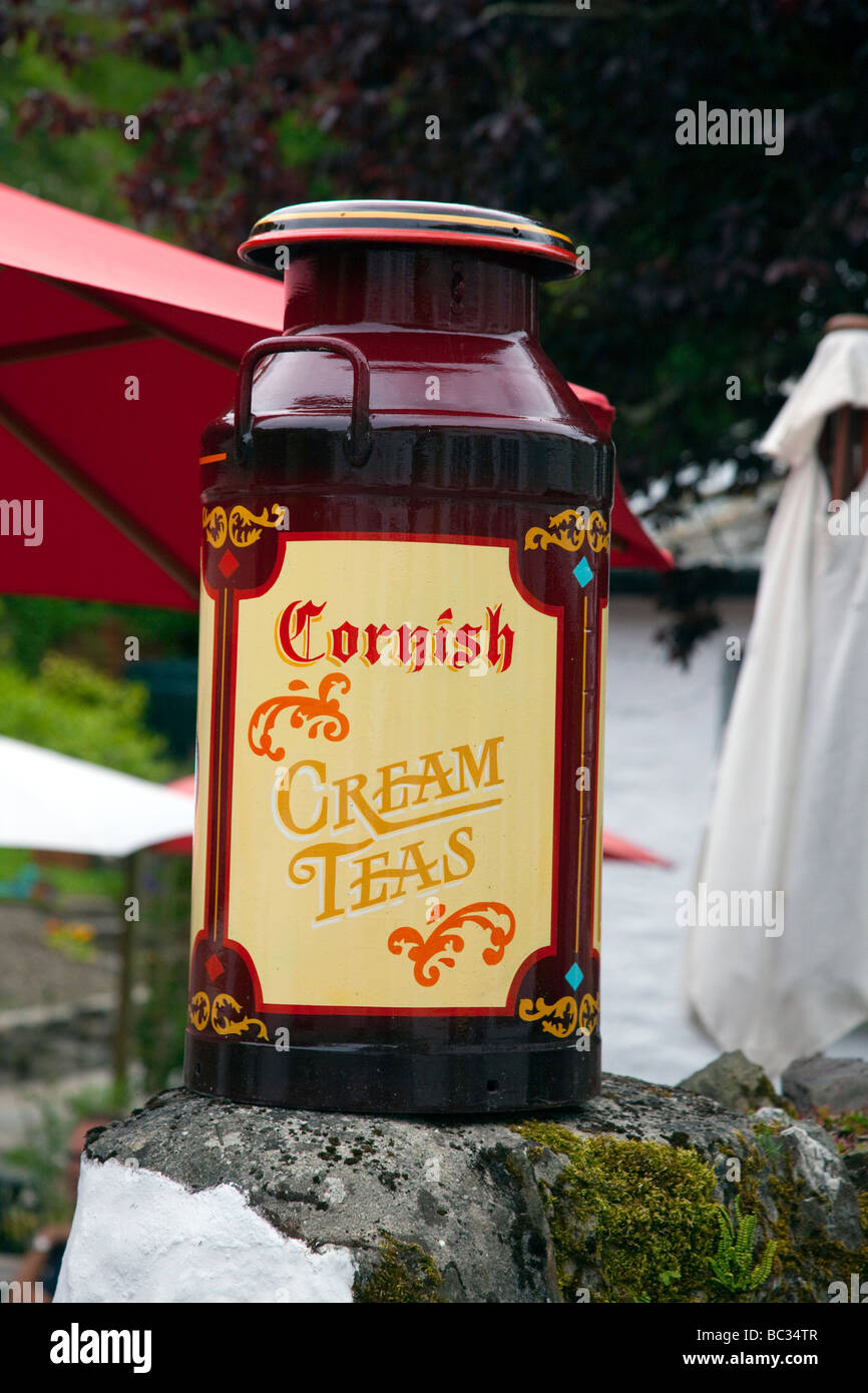 Cornish Cream Teas; Painted decorated Milk Churn, Polperro, Cornwall