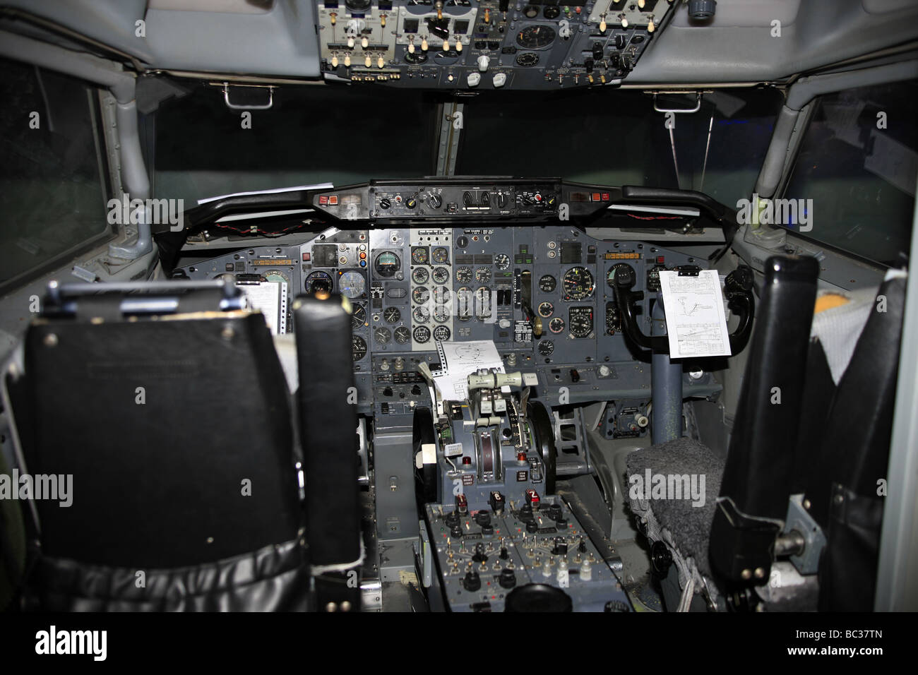 Cockpit Of A Boeing 737 200 In A Maintenance Hanger Stock Photo