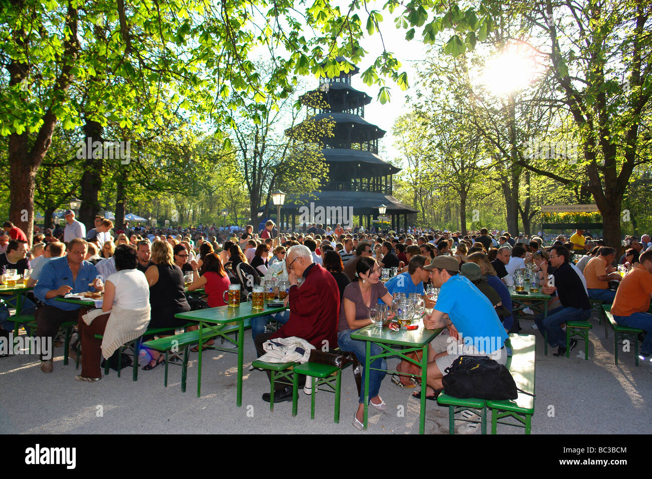 Beer Garden At Chinese Tower English Garden Munich Germany Stock