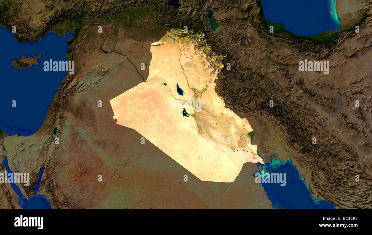 satellite image of iraq with surrounding countries darkened Stock Photo