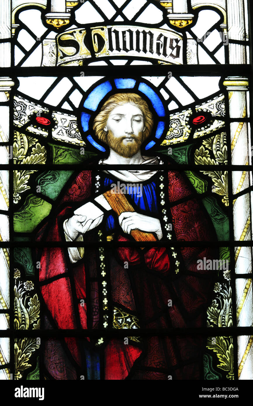 Stained Glass Window Depicting Saint Thomas The Apostle Kineton Church Warwickshire Stock Photo