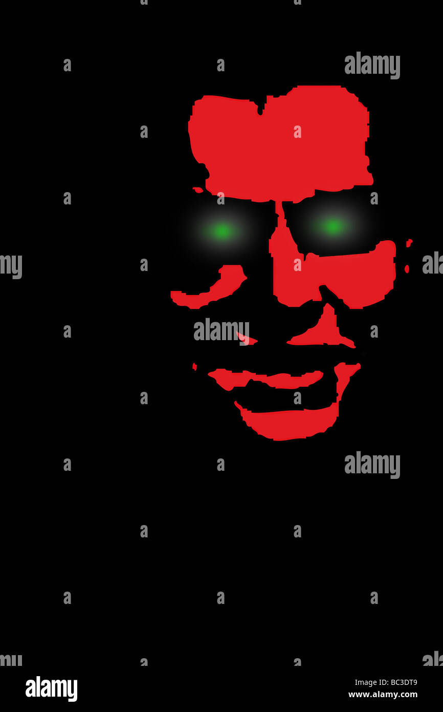 Illustration from a red face with green glowing eyes. Stock Photo
