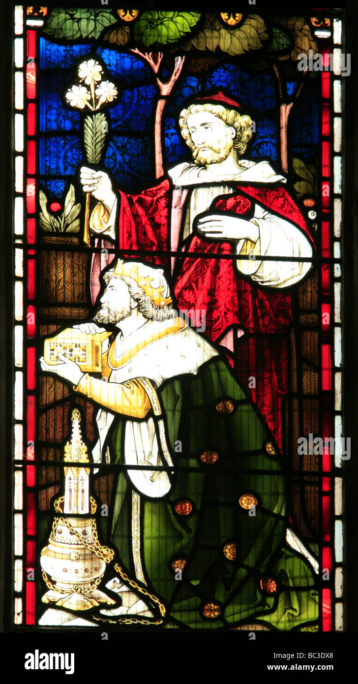 Stained Glass Window Depicting Adoration of the Magi at the nativity Church of St Mary the Virgin, Cropredy, Oxfordshire Stock Photo