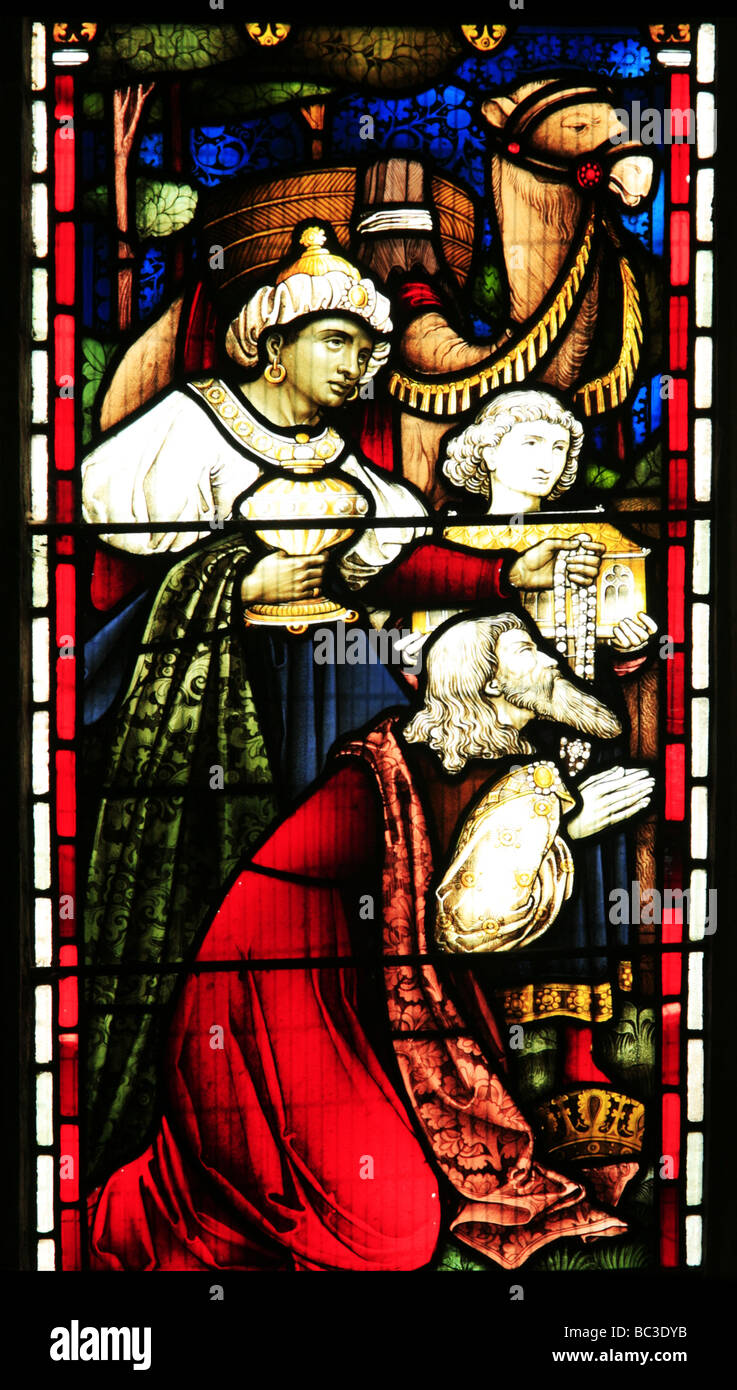 Stained Glass Window Depicting the Adoration of the Magi at the Nativity Church of St Mary the Virgin, Cropredy,  Oxfordshire Stock Photo