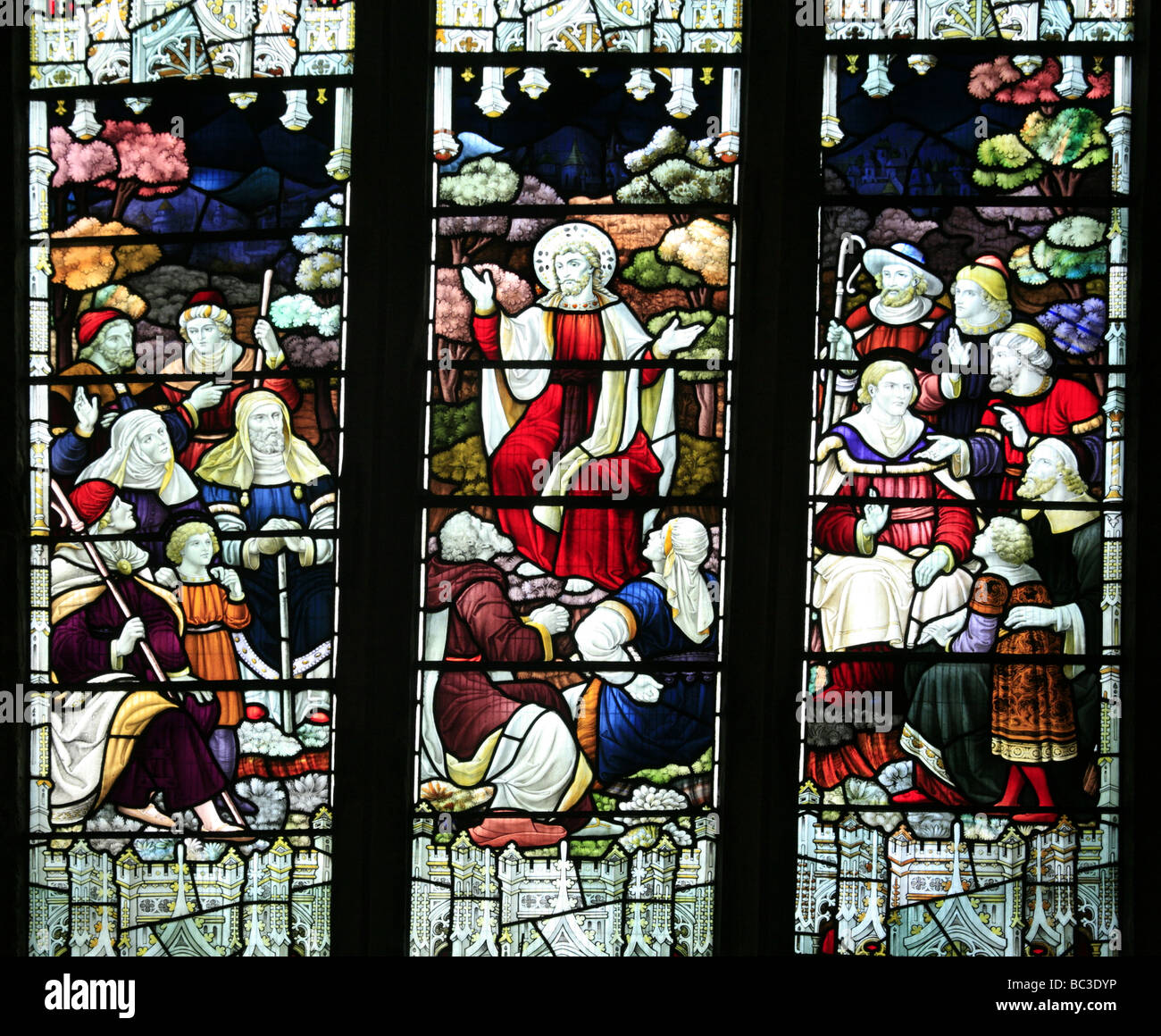 Stained Glass Window Depicting Jesus Preaching to the People Cropredy Church of St Mary the Virgin Oxfordshire Stock Photo