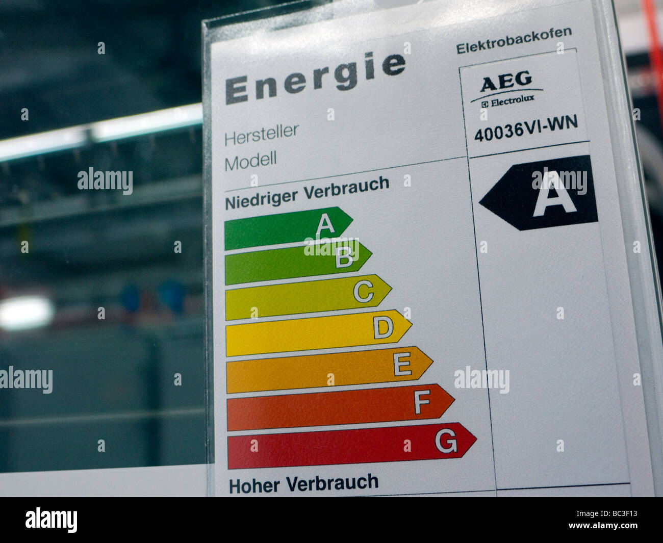 Detail of Energy efficiency rating label on electrical appliance in shop in Germany Stock Photo