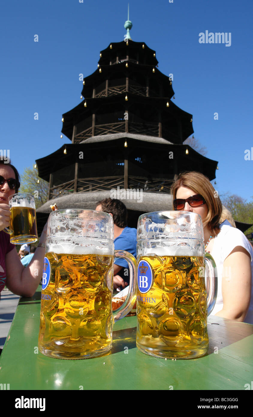 Beer garden at Chinese tower English Garden Munich Germany Stock Photo