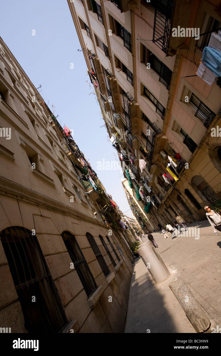 A quiet narrow back street in El Raval neighborhood in Barcelona, Catalonia, Spain. Stock Photo