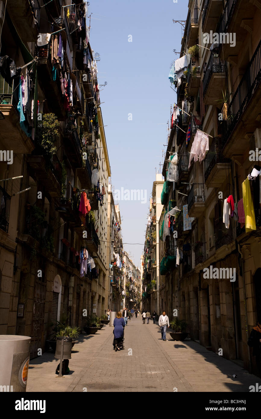 A quiet narrow back street in El Raval neighborhood in Barcelona, Catalonia, Spain. Stock Photo