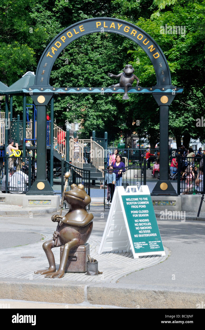 Tadpole Playground by Frog Pond in Boston Common with frog sculpture, Boston MA USA Stock Photo