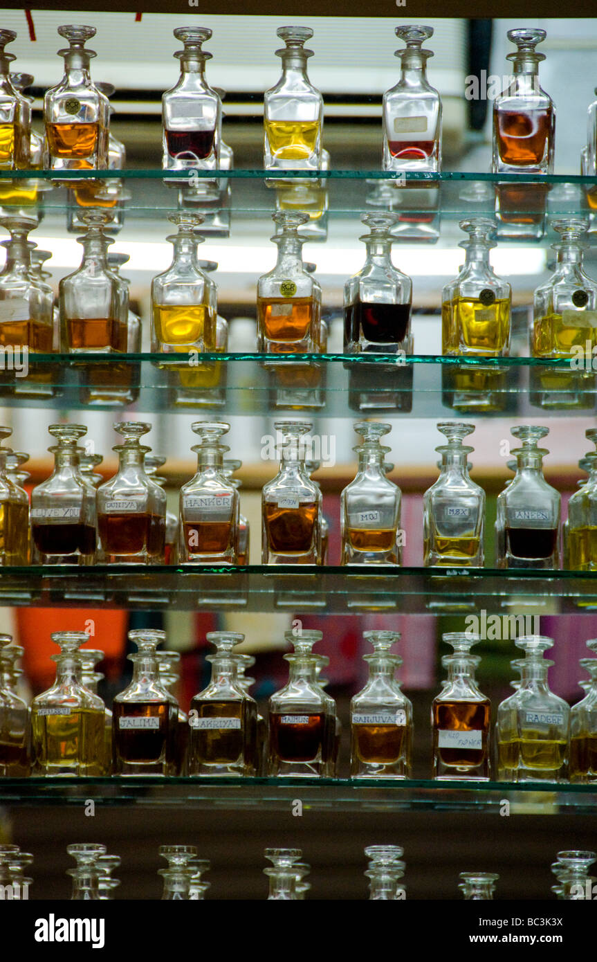 Famous Omani perfumes on sale in Mutrah souk Muscat Oman Stock Photo