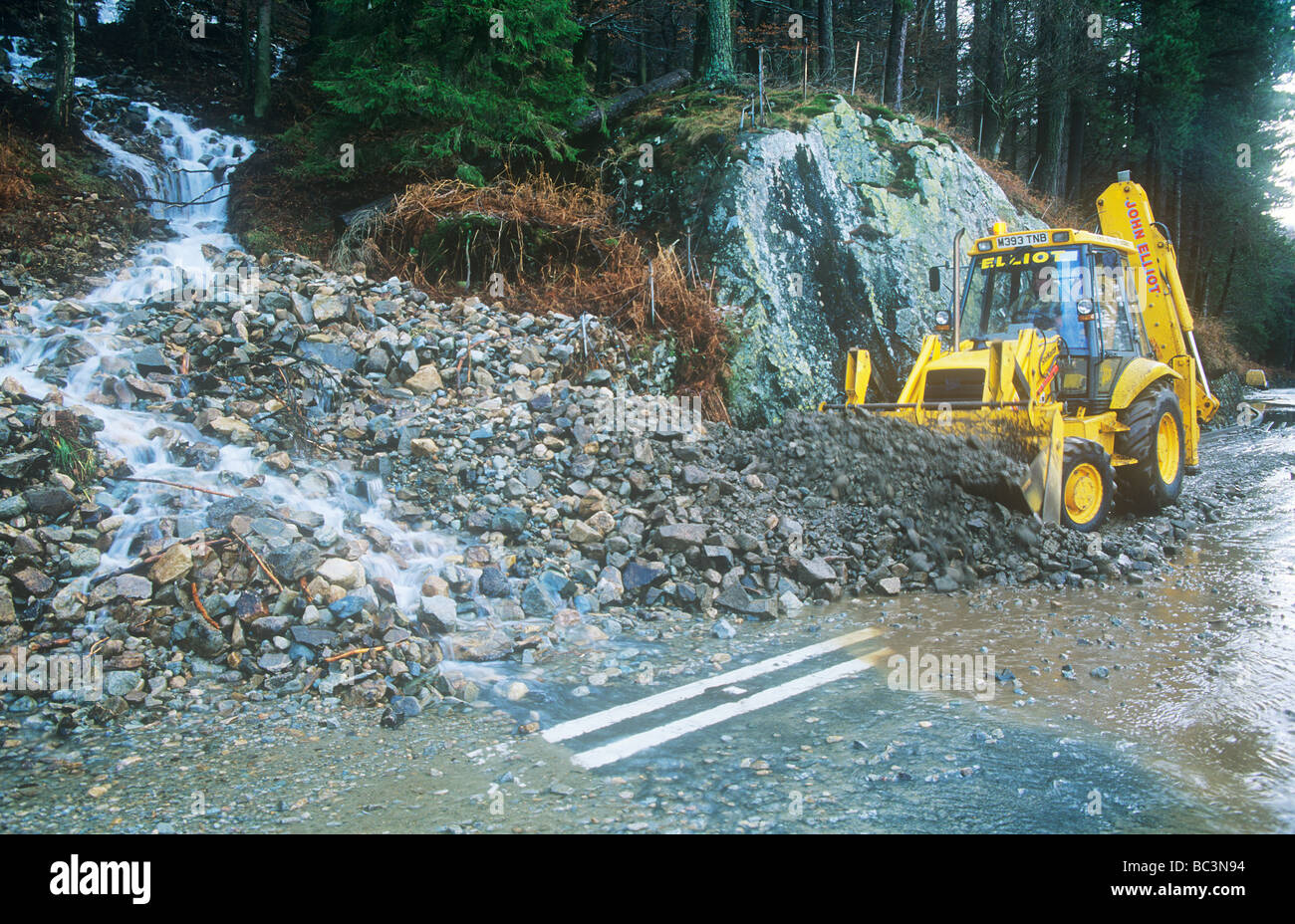 The A591 road blocked at Thirlmere by a landslide caused by extreme weather Stock Photo Alamy