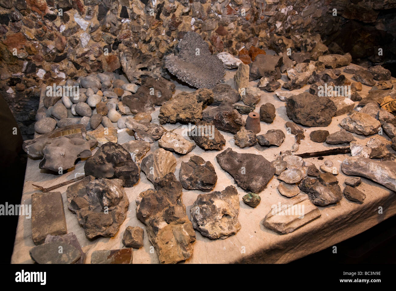 Various fragments of interest found during the restoration of Pope's Grotto, Twickenham. London. Stock Photo