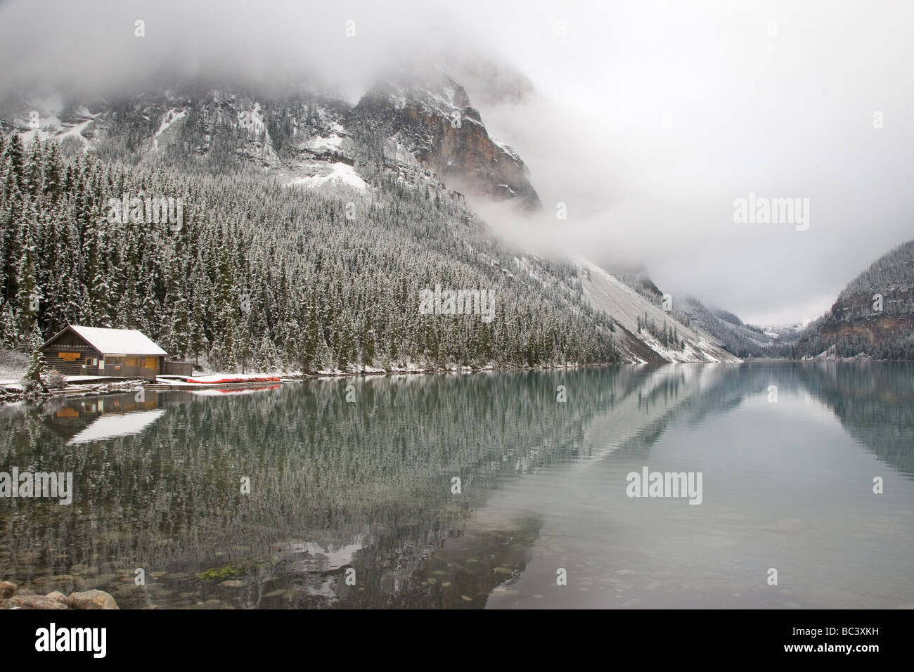 Lake Louise boat house in the early morning after a light snowfall, Banff National Park, Alberta, Canada Stock Photo