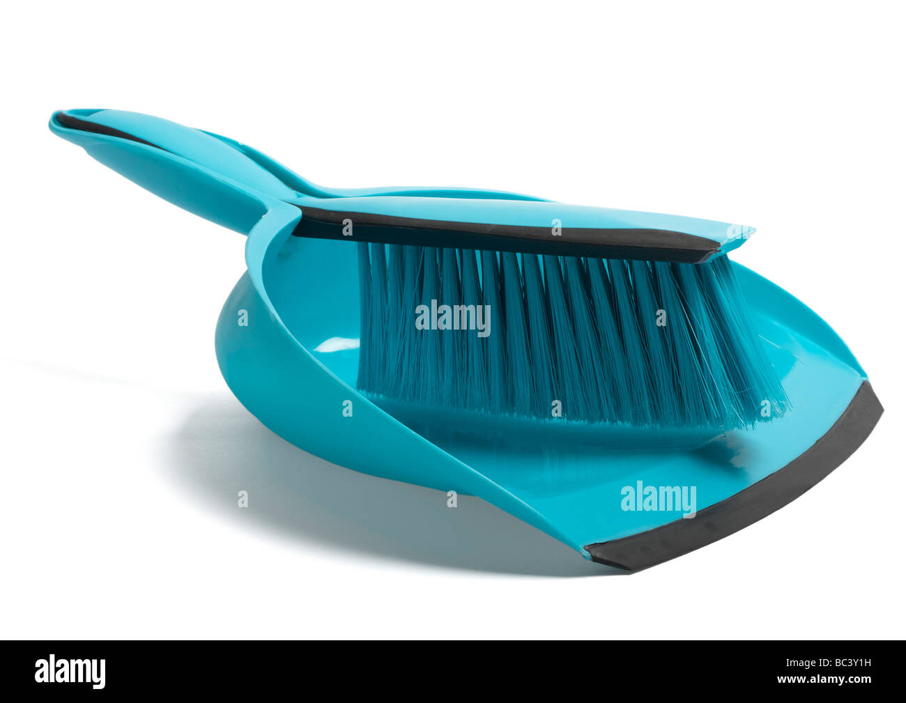 Blue plastic dustpan and brush on white background Stock Photo Alamy