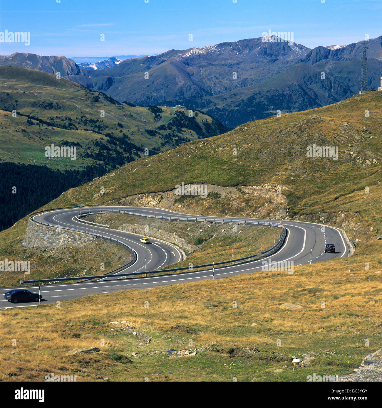 Winding hairpin bed on a mountain road in the Pyrenees, France, Europe. Stock Photo