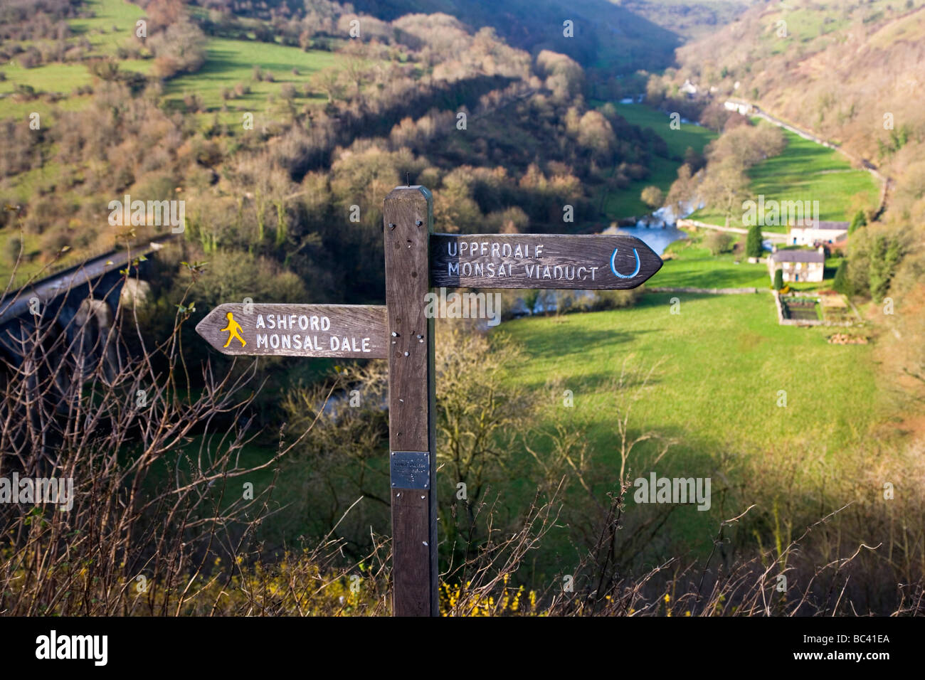 Signpost at Monsal Head above Monsal Dale in the Wye Valley in Derbyshire Stock Photo