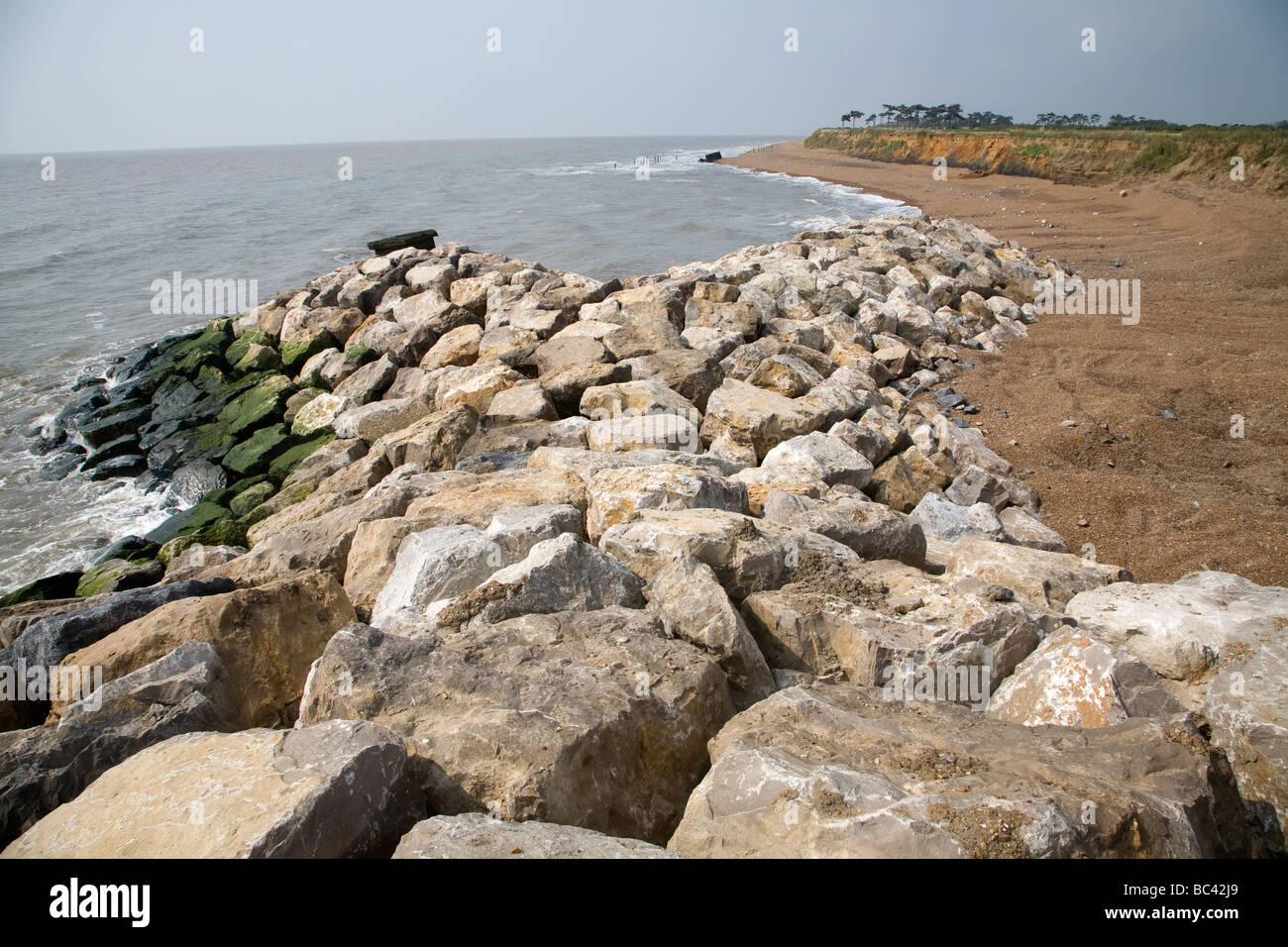 New rock armour sea defences East lane Bawdsey Suffolk Stock Photo