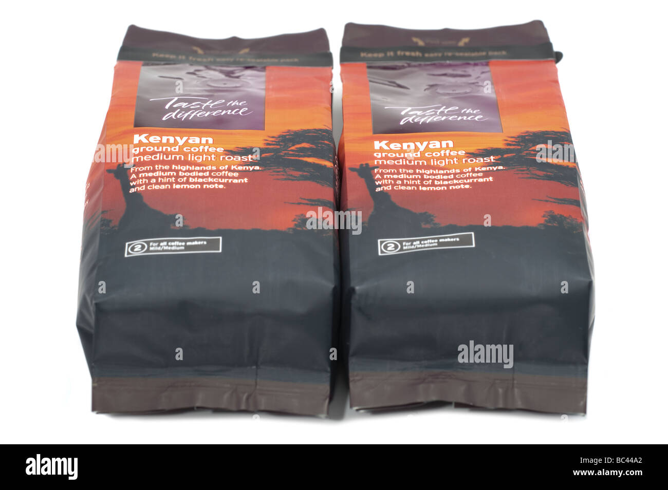 Two 227 grams of Kenyan ground roast 'medium light' coffee Stock Photo