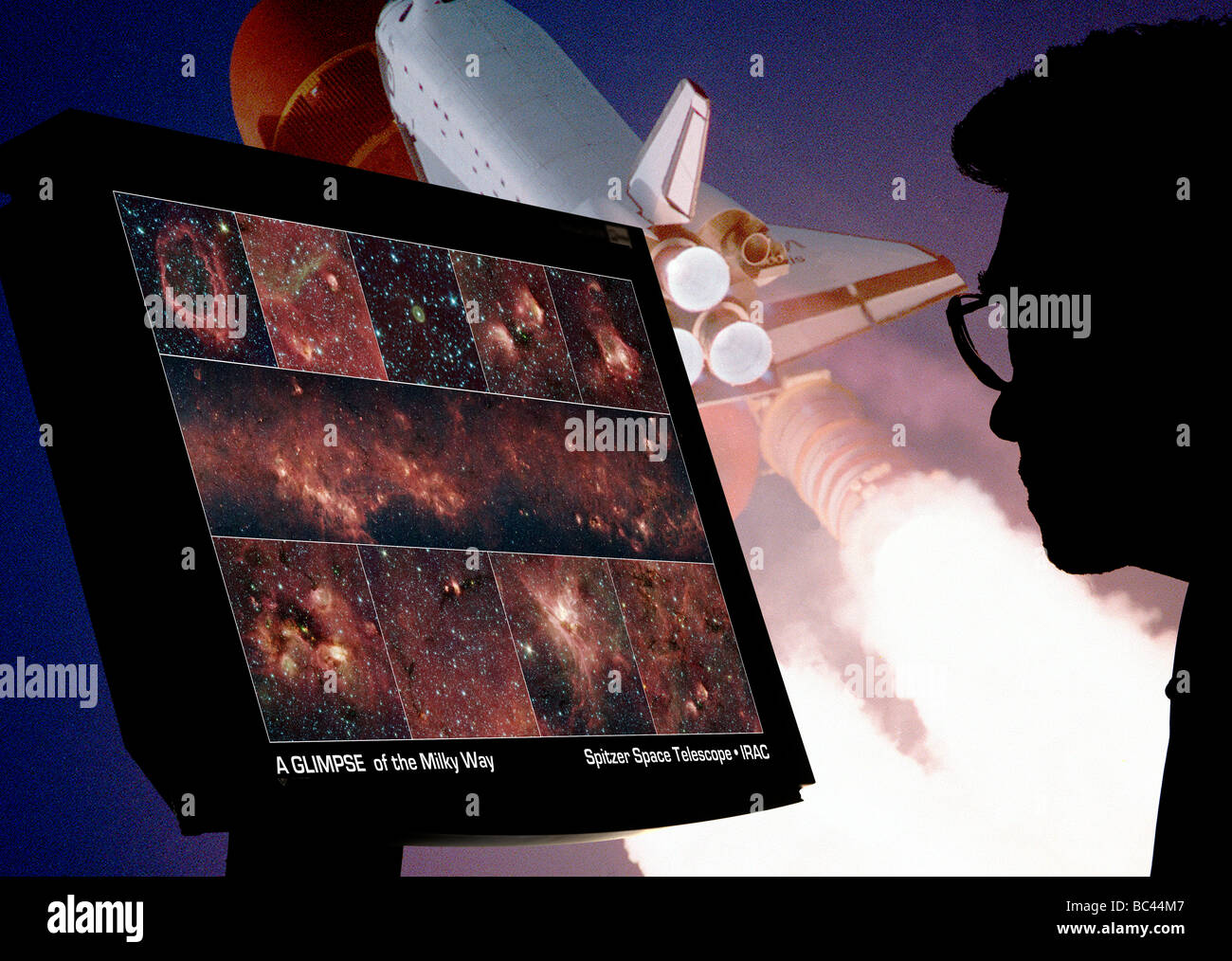 astronomy student studying galaxies on computer with NASA shuttle projection in background Stock Photo